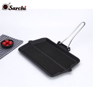 Foldable Handle Square Cast Iron Steak Frying Pan Pre-seasoned Grill Pan